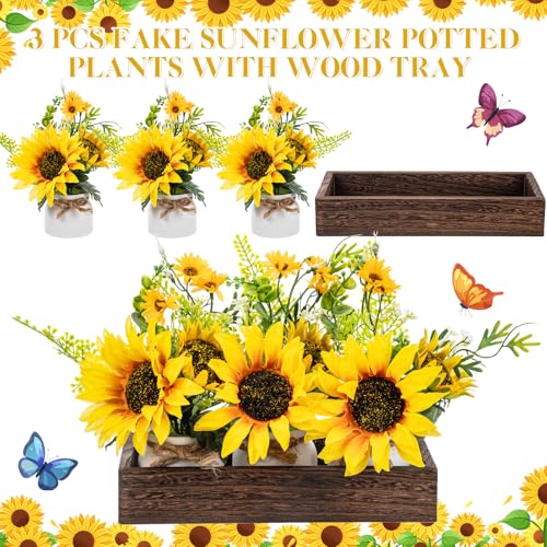 AceOrbit 3 Pcs Artificial Sunflower Potted Plants with Wood Tray Farmhouse Faux Sunflowers for Kitchen Table Centerpieces Fake Yellow Flowers in Rustic Pots for Dining Home Bathroom Wedding (Classic) - style: Classic