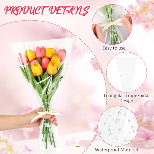 DIYASY 50 Pcs Flower Wrapping Bags for Bouquets, Clear Floral Packing Sleeves with Ribbons Florist Wrap Supplies for Wedding Mother's Day Graduation Gift - color: Clear
