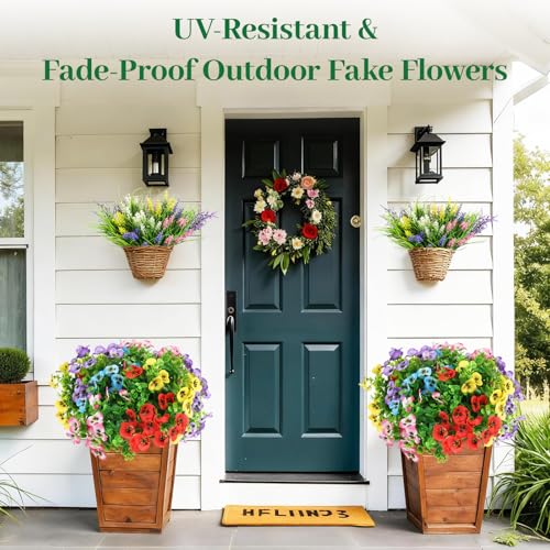 24 Bundles Artificial Flowers for Outdoor Decor - UV Resistant Fake Flowers with Eucalyptus & Lavender Greenery Plants for Indoor Garden Patio Porch Window Box Home Wedding Outside Hanging Decor - color: Spring a