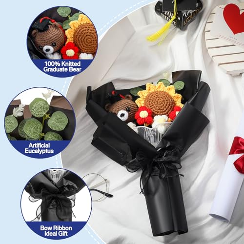 Graduation Crochet Flower Bouquet Set Includes Knitted Bear Knitted Sunflower Daisy Eucalyptus Greeting Card Gift Bag 2026 Black Flower Bouquet Graduation Gift - color: Black, style: Knitted Bear and Sunflowers