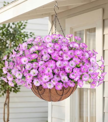 Artificial Fake Hanging Plants Flowers Basket for Outdoors Spring Summer Decoration, UV Resistant Realistic Outdoor Faux Silk Morning Glory in Planter for Outside Porch Patio Balcony Garden Yard Home - color: Purple 2