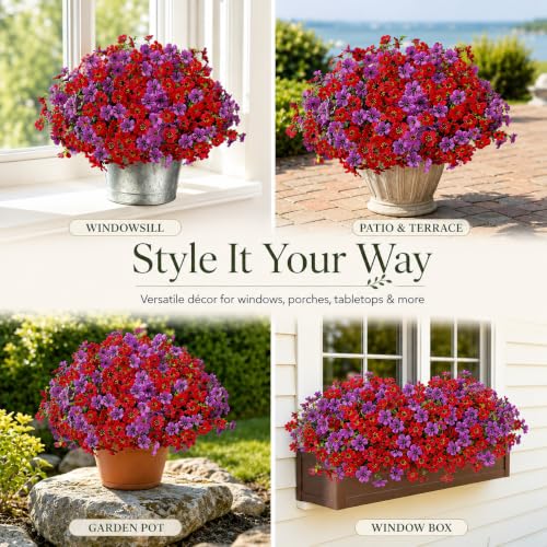 Artificial Flowers for Outdoors UV Resistant, 12 Bundles Realistic Faux Daisy with Eucalyptus Leaves Fake Plants for Porch Patio Planter Garden Decoration (Red Light Purple) - color: Red Light Purple