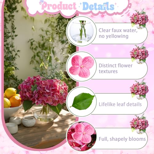 Rose Red Hydrangea Artificial Flowers with Eucalyptus in Vase Fake Flowers Coffee Table Decor Real Touch Flowers with Faux Water for Home Decor - color: A-rose Red