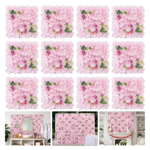 Artificial Flower Wall Backdrop 16.5''*16.5'' 12Pcs 3D Silk Floral Peony Wedding Wall Panel Faux Rose Decor for Wedding Home Thanksgiving Day Event Birthday Party Decoration - color: Pink and White, size: 16.5inch