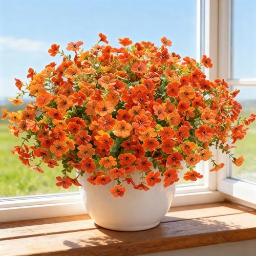 Artificial Flowers for Outdoors, 12 Bundles Fake Daisy Flowers Spring Decor, UV Resistant Faux Flower Daisy with Eucalyptus for Garden Porch Planter Box(Orange) - color: Orange