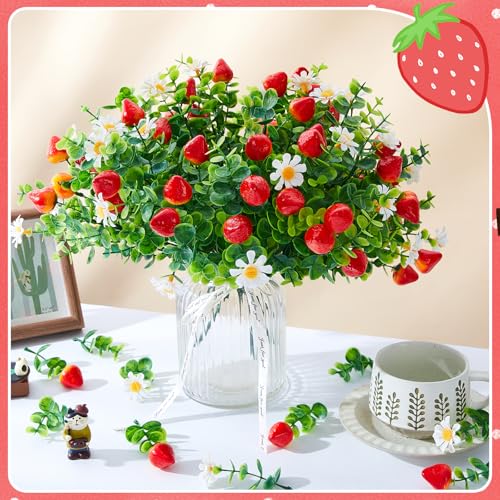 10 Pack Artificial Strawberry Branches Decoration Fake Strawberry Stems with Green Leaves and Daisies for Farmhouse Home Wedding Birthday Table Centerpiece & Party Arrangement - style: Strawberry