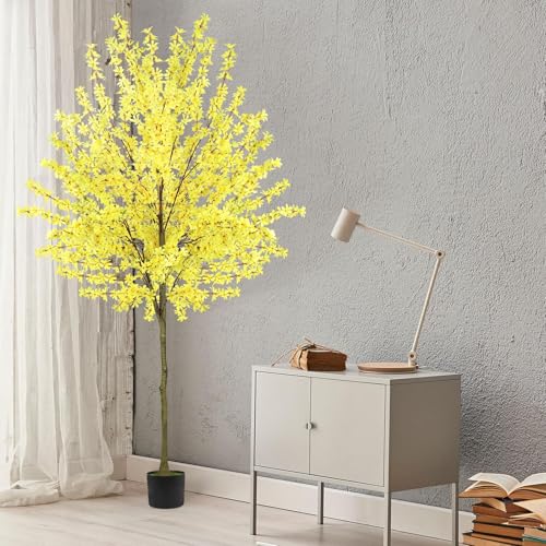 4FT Yellow Artificial Forsythia Tree, Faux Spring Forsythia Flower Branches Plant with Pot, Lifelike Fake Tree for Living Room Corner, Entryway, Porch Indoor Outdoor Decor - size: 4ft