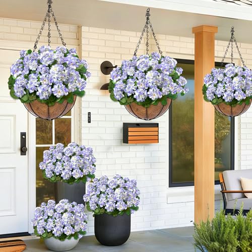 TURNMEON Artificial Geraniums Flowers for Outdoors Summer Decoration, 4 Bundles Fake Flowers Silk Purple Flowers UV Resistant No Fade Faux Plants for Planter Gardens Table Porch Indoor Cemetery Decor - color: Purple
