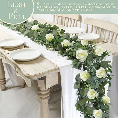 2 Pack Artificial Spring Eucalyptus Flower Garland with White Roses, 13Ft Fake Flower Greenery Floral Green Garland Vines for Wedding Arch Table Runner Backdrop Mantle Home Decorations (White) - color: White & Green (2p)
