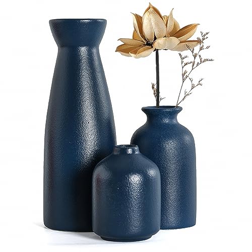 CEMABT Ceramic Blue Vases Set of 3 Small Flower Vases for Decor, Modern Rustic Farmhouse Home Decor, Decorative Vases for Pampas Grass,Idea Shelf,Table,Bookshelf,Entryway- Distressed Decor - color: 3set-blue