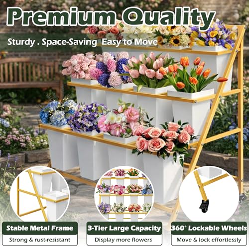 PROLEE Flower Display Stand with 12 Buckets, Flower Cart 3 Layers, Flower Stand Metal with Wheels, Moving Florist Bouquet Shelf, Triangular Rack, Gold - color: Gold