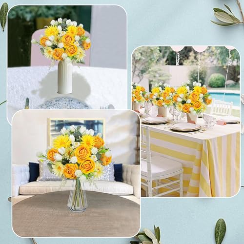 Yellow Roses Artificial Flowers, Faux Tulips Flowers with Yellow Roses Daisy Bouquets, Spring Silk Flowers Arrangement for Home Living Room Party Wedding Offices Bookshelf Decorations (Yellow)