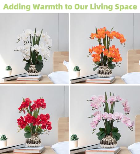 CXGS Artificial Orchid Flower Real Touch Faux Orchids in Ceramic Vase Large 22.9'' Fake Flowers Pink Phalaenopsis Floral for Home Indoor Decor - color: Pink- Silver (Large Pot)