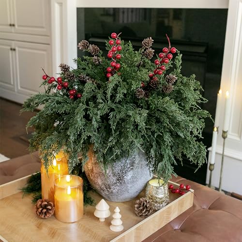 Faux Cedar Stems Artificial Norfolk Pine Branches for Christmas Decorations, 17 PCS Faux Pine Stems with Pinecones Red Berries Branches Realistic Faux Greenery for Vases DIY Garland Xmas Table Indoor - color: 12 Pcs Cedar Stems, 3 Pcs Red Berry Stems, 2 P