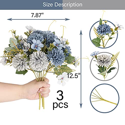 4pcs Gray Bule Artificial Flowers -20 Head Silk Chrysanthemum & Hydrangea Bouquet - Fake Wedding Party Decor for Home Garden - color: 4pcs-gray Bule
