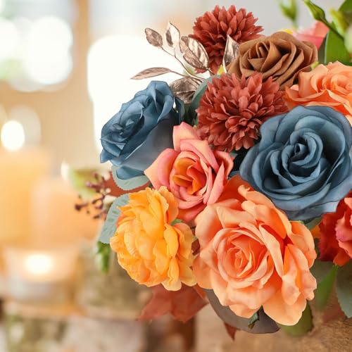 AGIRL Artificial Flowers Combo Silk Mix Teal Orange Fake Flower with Stems for DIY Wedding Bouquets Centerpieces Arrangements Table Chair Decor Baby Shower Home Decor (Teal Orange) - color: Teal Orange