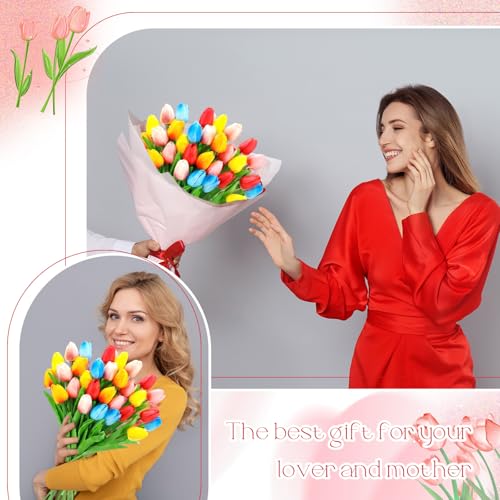 Lyrow 30 Pcs Tulips Artificial Bouquet Flowers Faux Tulips for Home Kitchen Wedding Decorations,Gift Idea for Easter Decor Mother's Day Birthdays (Classic Color) - color: Classic Color