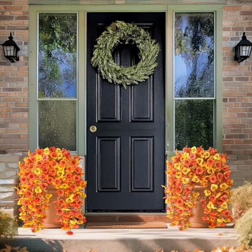 Artificial Fall Flowers for Outdoor, 4 Pcs Faux Pansy Fake Mums Plant Hanging Flowers Outdoor Fall Decor, UV Resistant No Fade Silk Flower for Front Door Porch Planter Patio Yard Garden(Orange Golden) - color: Orange Golden
