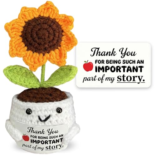 Handmade Crochet Sunflower Gift with Inspirational Card - Positive Sunflower in Smiling Pot, for Mom from Daughter, Teacher Appreciation Gifts, Desk Decor for Women Coworker - color: Important Part