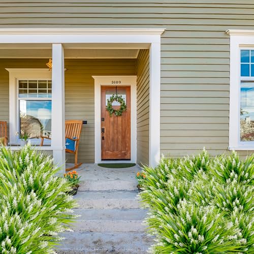 Sggvecsy 24 Bundles Artificial Plants Outdoor Faux Lavender Flowers Fake Monkey Grass UV Resistant Plastic Greenery Plants for Garden Home Porch Window Patio Hanging Planter Indoor Decor (White) - color: White, size: 24pcs