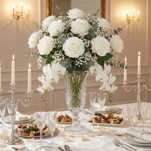8Pcs White Large Velvet Artificial Roses, Realistic Rose Flowers with Long Stems, 25.6 “ Faux Roses for DIY White Wedding, Party Table Centerpiece, Home Bridal Garden Outdoor Decorations - color: White