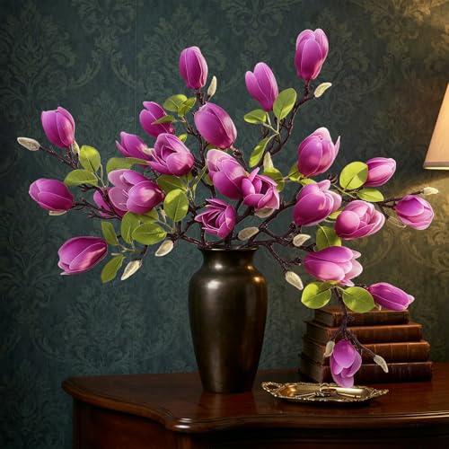 6PCS Artificial Magnolia Flowers Stems for Spring Decoration,26In Artificial Purple Fake Flowers with Buds Faux Long Stem Floral Arrangement for Vase Table Centerpiece Indoor (Purple) - color: Purple