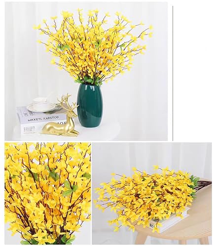 Artificial Silk Forsythia Flower Branches Jasmine Flowers Yellow Silk Fake Winter Jasmine Orchids Flowers for Indoor Outdoor DIY Floral Arrangement Wedding Party Home Office Decorate - color: Yellow-1