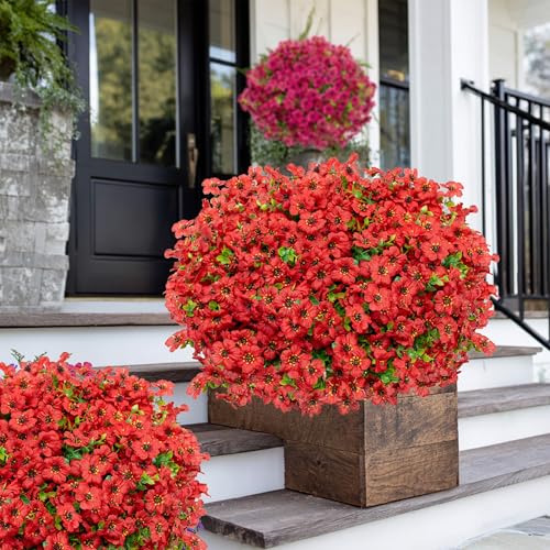 AXYLEX Artificial Flowers for Outdoors Fake Plants - 16 Bundles Faux Outside Greenery Boxwood No Fade Plastic Shrubs Fall Decor Farmhouse Home Garden Thanksgiving Mums (PureRed) - color: Purered