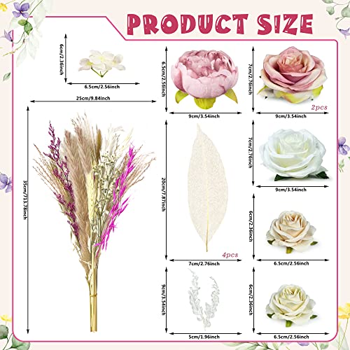 25 PCS Natural Boho Cake Topper Vintage Artificial Flowers Leaves Various Dried Pampas Grass Cake Decor for Wedding Bridal Birthday Party Supplies (Pink White Champagne) - color: Pink White Champagne