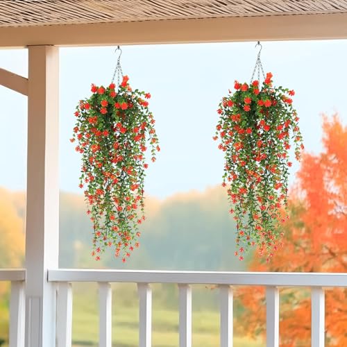 Artificial Hanging Flowers for Outdoor Indoor Decor, 6 Packs Fake Eucalyptus Vine Faux Flower Greenery Garland Plastic Plants Outside UV Resistant Wall Garden Wedding Home Party Decor (Orange) - color: Orange