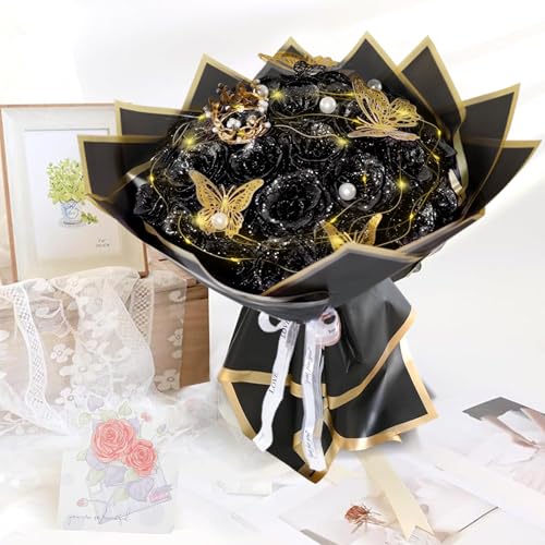 Black Glitter Roses Bouquet, 24 Pcs Shiny Glitter Flowers Bouquet, Everlasting DIY Artificial Roses Bouquet for Christmas, Birthday, Anniversary, Wedding, Engagement - color: Black-a, size: 24 PCS