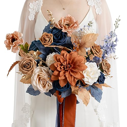 Ling's moment Blue and Orange Wedding Bouquets for Bride, Navy Orange Bridal Bouquets for Bride, 13 Inch Free Form Artificial Wedding Flowers Bouquets - color: Blu-burnt Orange & Navy, size: Small 13 Inch