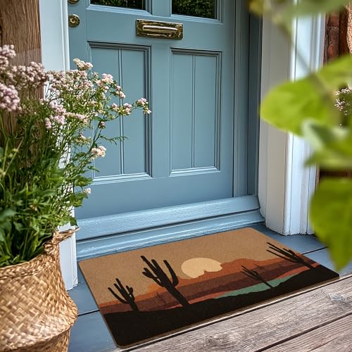 Boho Western Cactus Door Mat, Desert Landcape Welcome Front Door Mat Indoor Outdoor Entrance, Rustic Western Artificial Coir Doormat Rugs for Porch Patio Entry Decor 30x17in - color: Mountain Cactus