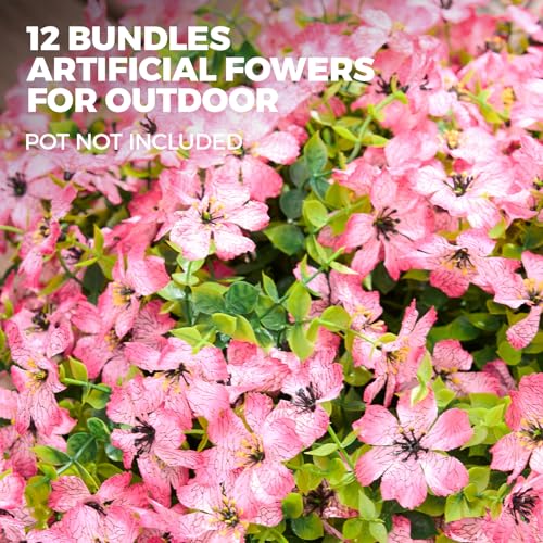 Artificial Flowers for Outdoors Patio Decoration 12 Bundles Fake Flower Cherry Blossom UV Resistant Faux Plants Yard Garden Porch Home Boxwood Planter Patio Mothers Day Decor, Deep Pink Flower - color: D Deep Pink Cherry Blossom 12pcs