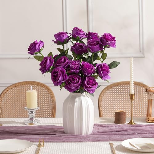 Nubry 24pcs Artificial Purple Roses, Fake Silk Roses Flower with Long Stems, Realistic Flowers for Bridal Wedding Party Table Centerpiece Home Decor - color: Purple