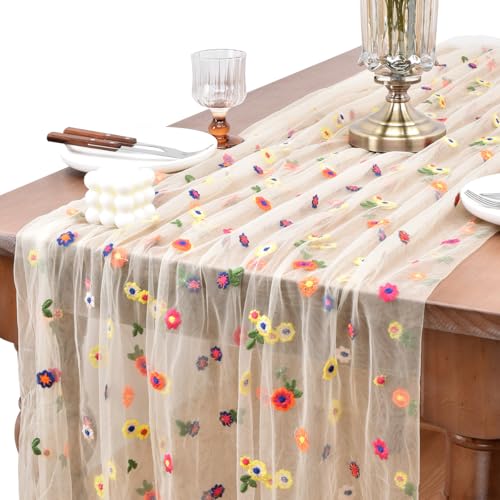 Joanlody 6pcs Champagne Embroidery Daisy Spring Summer Table Runner Florals Seasonal Tulle Table Runner for Home Garden Tea Party Holiday Birthday Decoration - color: Champagne, size: 10ft x 6pack