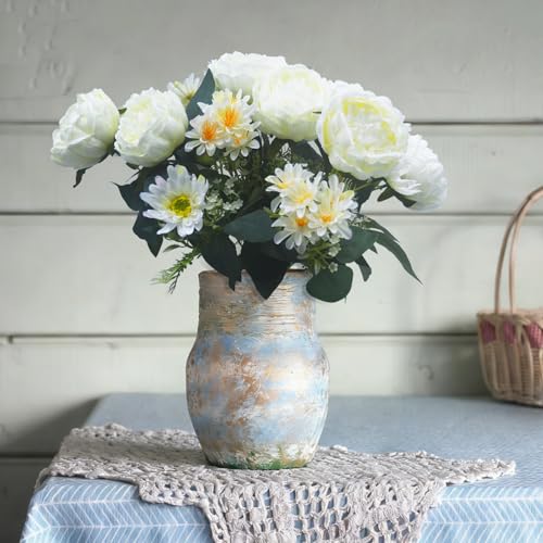 Peonies Artificial Flowers, Fake Peony Bouquet, Realistic Faux Peony Silk Flowers for Wedding, Home Décor, and Table Centerpieces – Ideal for Arrangements and Special Occasions 2 Bouquets (White) - color: White