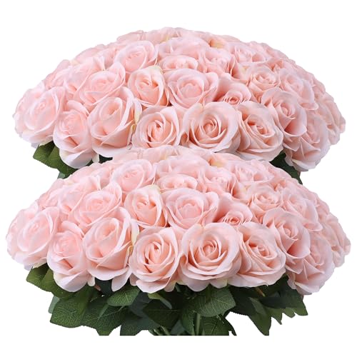 52pcs Blush Pink Roses Artificial Flowers Ivory Fake Flowers Silk Roses with Stems for DIY Wedding Bouquets Bridal Shower Centerpieces Arrangements Party Home Decorations - color: Blush Pink