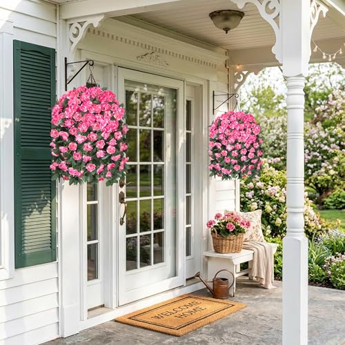 Fake Geraniums Artificial Hanging Flowers Basket for Outdoors, Spring Outdoor Hanging Plants Faux Silk Geraniums Vines in Planter UV Resistant Realistic for Outside Porch Yard Balcony Patio, Pink - color: Pink