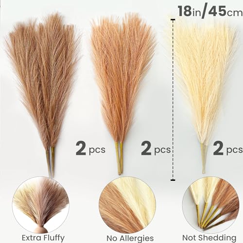 Pampas Grass Decor, Fluffy Faux Pampas Grass 6 Stem 18"/45cm Pompous Grass Small Flower Arrangement and Vase Filler for Boho Home Wedding Decoration - color: Beige& Light Curry& Brown Curry