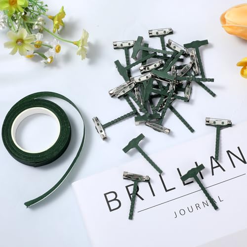 31Pcs Triangle Boutonniere Safety Pins with Flower Tape, T-Shaped Plastic Corsage Pins Safety Clips for Bride Groom, Tiny Boutonniere Supplies for Wedding Festivals Buttonhole Flowers Button Making