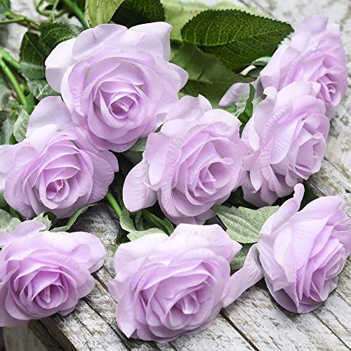 FiveSeasonStuff Real Touch Roses Artificial Flowers, Wedding Silk Flowers Bouquet & Floral Arrangement 12 Stems (Pale Lavender) - color: Pale Lavender