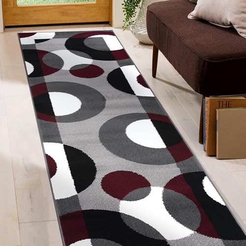 Rugshop Burgundy Hallway Runner Rug, Modern Circles, Non-Shedding, Durable for Hallway, Entryway and Kitchen, 2' x 10' - size: 2' x 10' (Rectangular)