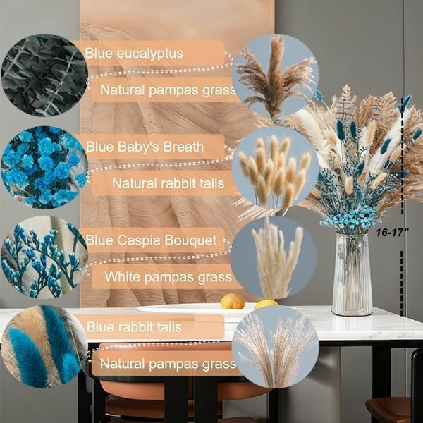 Blue Pampas Grass Bouquet – Blue Dried Baby's Breath, Pampas Grass and Eucalyptus Stems, Dried Flower Arrangements for Boho Decor, Rustic Flowers for Home Decor, Bedroom, and Wedding, Table Decor