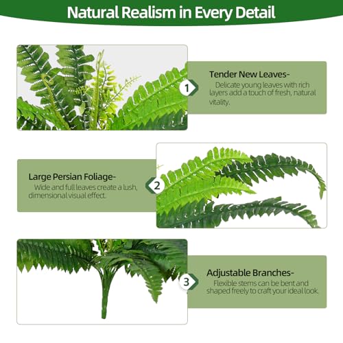 Fake Ferns, 4 Bundles Faux Fern Plants , Large Artificial Boston Fern Greenery for Outdoor Planters, Porch, Garden, Home & Office Decoration (4, Green)