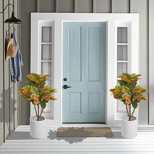 2PCS Artificial Croton Plant, Faux Fiddle Leaf fig Tree,Artificial Trees for Home Decor,Floor Plant,Front Porch Plants with Plastic Pot, Faux Ficus Lyrata Tree,35inch - size: 35inch