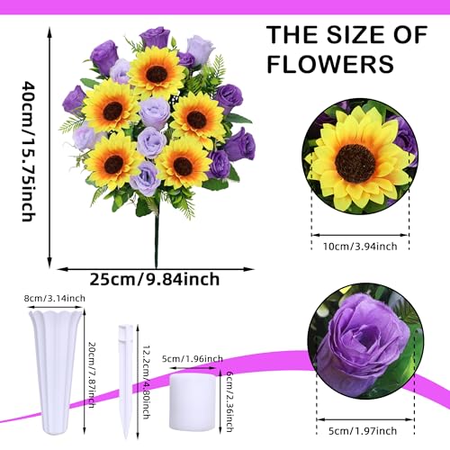 Lodou Artificial Cemetery Flowers for Grave,Set of 2 Artificial Rose Sunflower Bouquet Graveyard Memorial Flowers for Outdoor Grave Decorations ﻿ (Purple) - color: Purple
