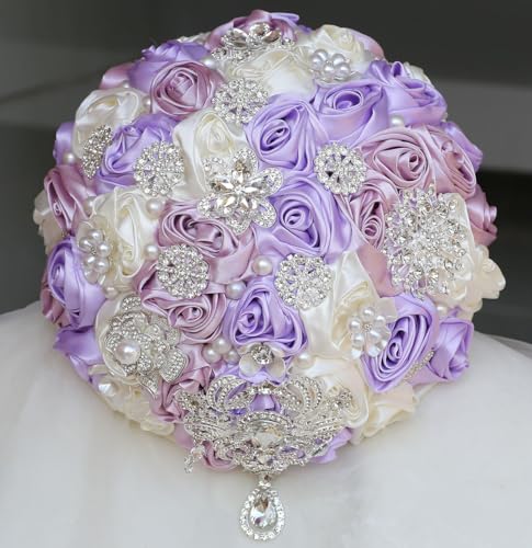 Bridal Wedding Bouquet Round Bling Brooch Bouquet Artificial Rose Flower Bunch for Bride Bridesmaid Wedding Quinceanera(Light Purple, Light Taro & Ivory, 9.8") - color: Light Purple, Light Taro Purple & Ivory, size: Large (Dia. 9.8"/25cm)