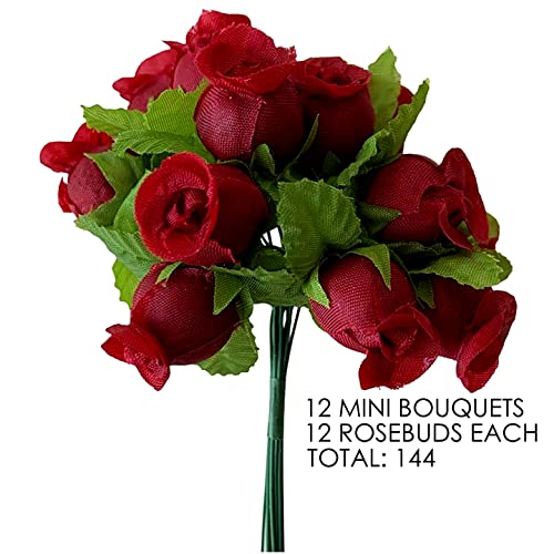 GiftWrap Etc. Burgundy Artificial Silk Flower Roses - 12 Mini Bouquets of 12 Rosebuds, 144 Rosebuds Total, Valentine's Day Decor, Wedding, Reception, Anniversary, Favors, Wreath, Bridal Shower, DIY - color: Burgundy
