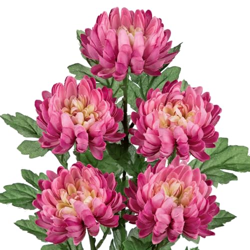 Hollyone 5Pcs Fake Mums Flowers Pink Artificial Chrysanthemum Flowers Silk 22.8inch Long Stem Floral Arrangements Bouquets Faux Spider Mum Flower Pincushion Flower Bush Spring Home Decor - color: Pink